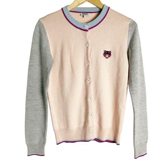 Kenzo Tiger Patch Pink Gray Colorblock Wool Cardigan Sweater Size Small - Picture 1 of 11